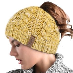 FURTALK Cable Knit Ponytail Hat, Yellow Beanie, Jersey Lined, One Size